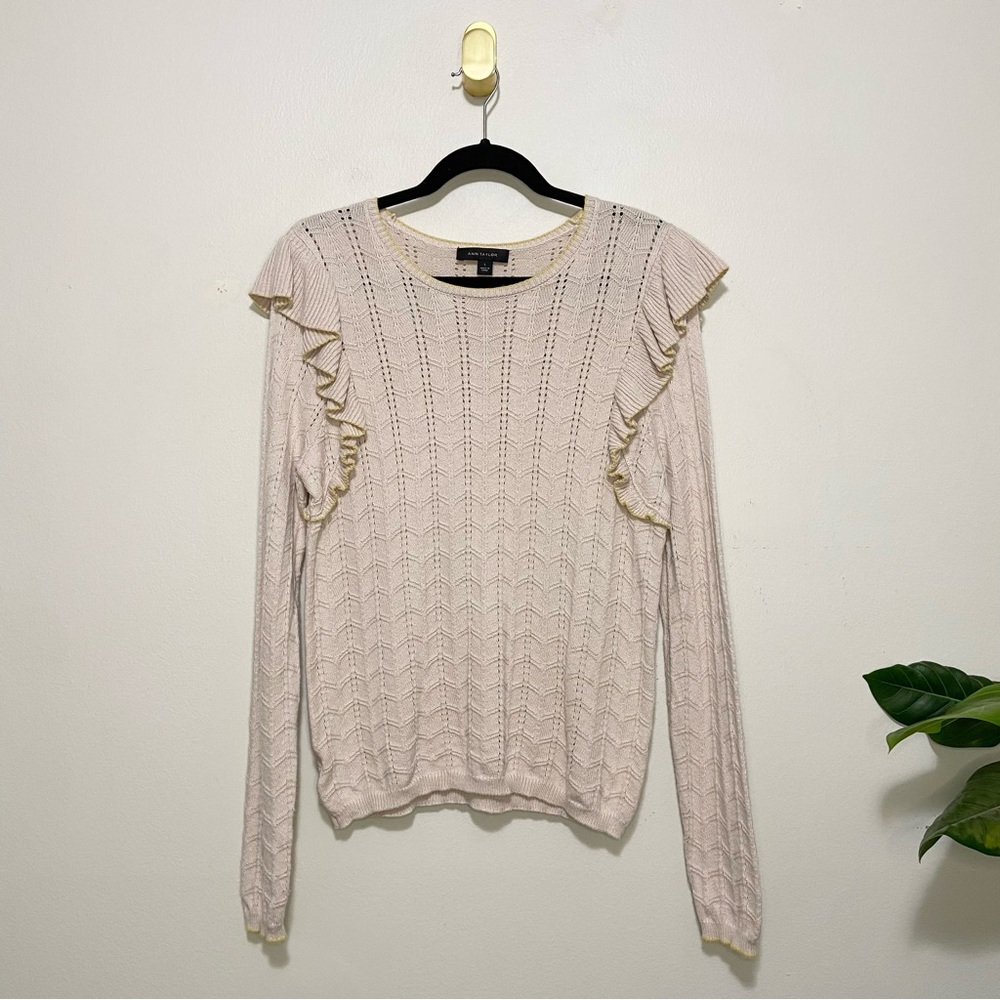 Ann Taylor Cream Yellow Ruffle Shoulder Long Sleeve Knit Crewneck Sweater